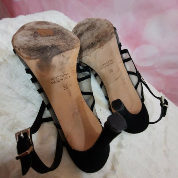La Canadienne Black Suede Mesh Heels Sandals Size 39 US 8.5 Ankle Strap Italy - Picture 11 of 12